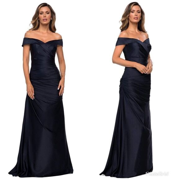 Revolve La Femme Navy Off Shoulder Pleated Satin Evening Gown - Picture 1 of 7